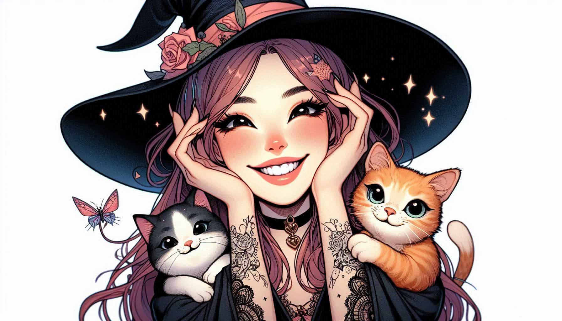 An illustration of a witch with her hands cupping her face with her kitties by her side