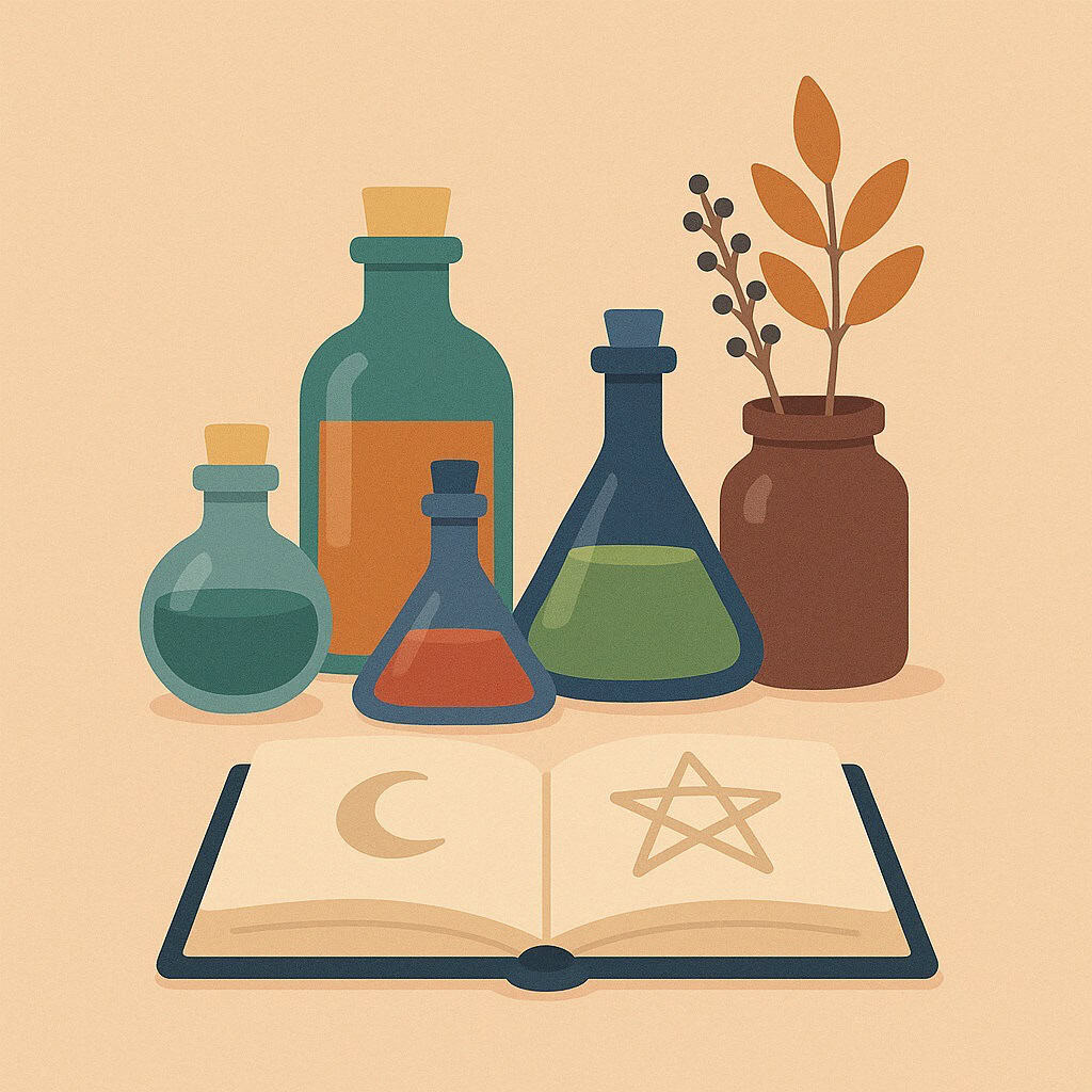 Image of spellbook and jars with spell ingredients